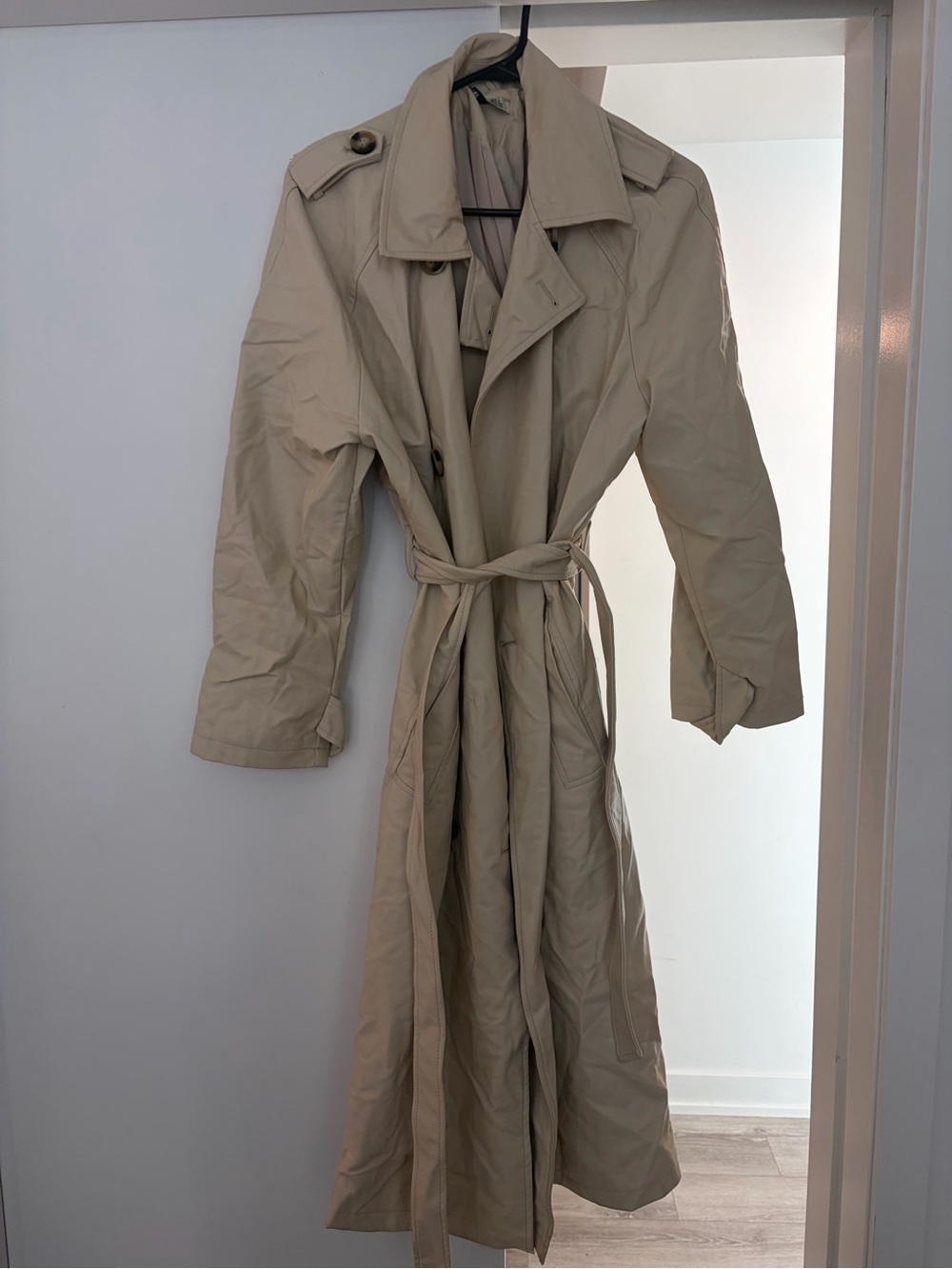 Classic Beige Leather Trench Coat with Belt
